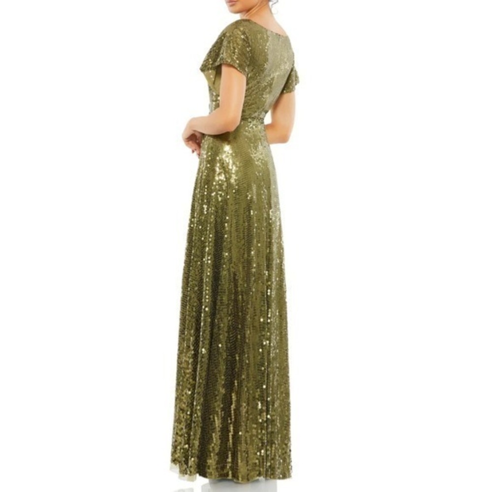 $598 Mac Duggal Size 8 Green Sequin‎ V-Neck Flutter Sleeve Long Maxi Gown Dress - Picture 5 of 6